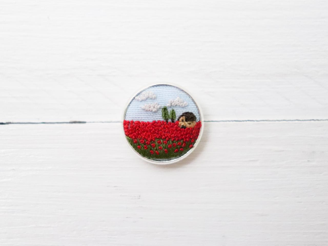 Miniature Embroidery Pin Poppy Brooch Poppy Pin Embroidery Pin Hand Embroidery Embroidered Pin Poppy Collar Pin Floral Pin Landscape Pin